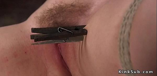  Hairy pussy babe anal toyed in bondage